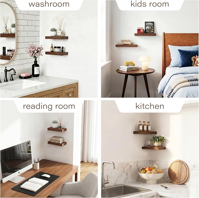Walnut Floating Shelves for Wall Set of 2, 11.8 Inch Small Wood Wall Shelves for Bathroom Over Toilet, Bedroom & Home Office Storage, Wall Mounted Shelves for Books, Decor & Small Plants