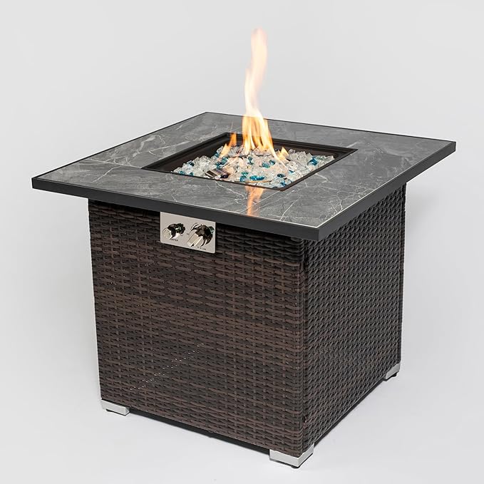 30" Propane Gas Fire Pit Table, 50000 BTU Square Fire Pit with Lid & Glass, Tile Tabletop with Beautiful Wicker Base for Outside Patio Deck Garden Courtyard