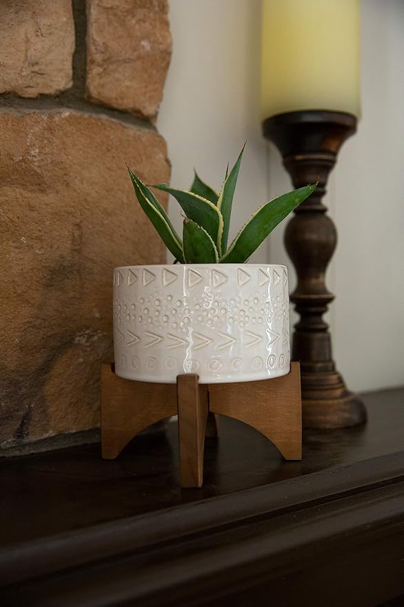 Flora Bunda Mid-Century 5 Inch Caveman Texture Ceramic Planter on Wood Stand, Ivory Caveman 5"