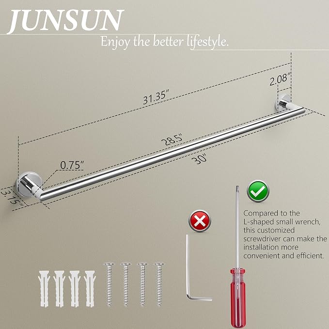 Bath Towel Bar 30 Inch Towel Rack for Bathroom Wall Mounted Bath Towel Holder Modern Towel Rods Chrome Towel Hanger Bathroom Accessories Towel Rails Stainless Steel Single Towel Bars Polished Chrome
