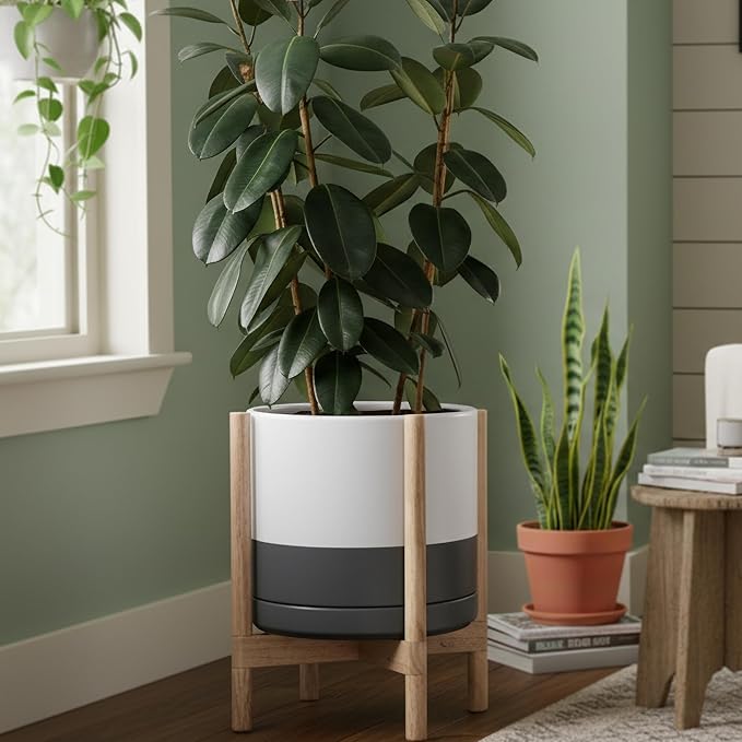 D'vine Dev Ceramic Planter with Natural Stand - 14 Inch Modern Round Flower Pot with Wood Planter Holder, White/Grey, 55-B-R-6