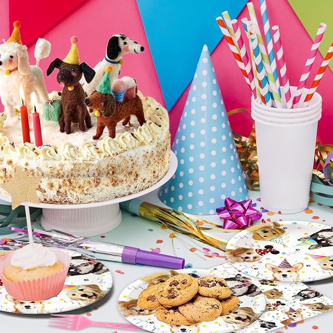 48Pcs Cute Dog Birthday Party Decorations Tableware Inculde Plates Napkins Forks for Birthday Pet Party and more party Serve 16 Guests