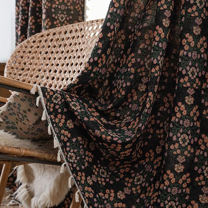 ENJOYBRIDAL Floral Curtains 84 Inch Length 2 Panels Boho Jacquard Drapes Black Cottagecore Living Room Semi Sheer Window Curtain Panels Farmhouse Bedroom Chic Decor Rod Pocket Tassel Window Treatments