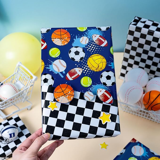 Burymento Ball Wrapping Paper, Reversible Checkerboard Grid Gift Wrap for Birthday, Valentines, Mothers day, Graduation, Wedding, Fathers day, Baby Shower, Christmas (17in x 16.4ft)