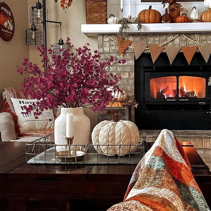 Yastouay Fake Fall Flowers Real Touch Silk Flowers, 5Pcs Fall Burgundy Artificial Flowers for Decorations, Babys Breath Artificial Flowers Bulk for Thanksgiving Fall Decor Floral Arrangement