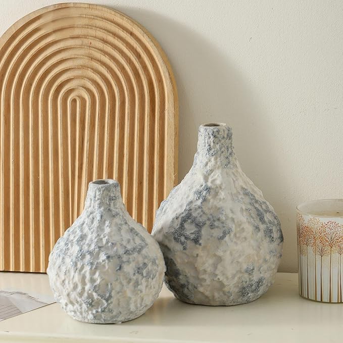 Stone Vases, Ceramic Bud Vase Set of 2 Minimalist Vases for Pampas Grass,Modern Vase for Wabi Sabi Home Decor, Shelf Decoration,Fireplace Decor,Coffee Table Decor
