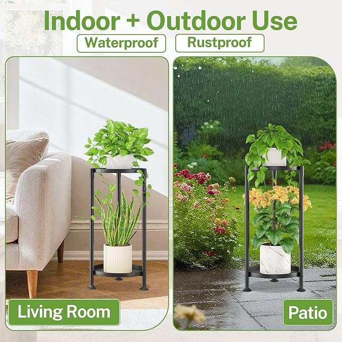 iDavosic.ly 2 Tier Plant Stand Indoor with 10 Inch Wide Tray, Tiered Corner Metal Outdoor Flower Display Holder, Vertical Tall Rack for Patio Porch Living Room, Modern Black