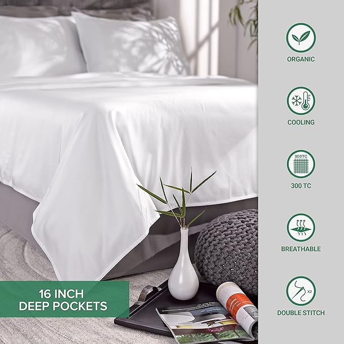 Pure Bamboo Split King Sheets, Genuine 100% Organic Viscose Derived from Bamboo Bed Sheet Set, Soft & Cooling, Double Stitching, 2 Fitted Sheets (Split King, Birch)