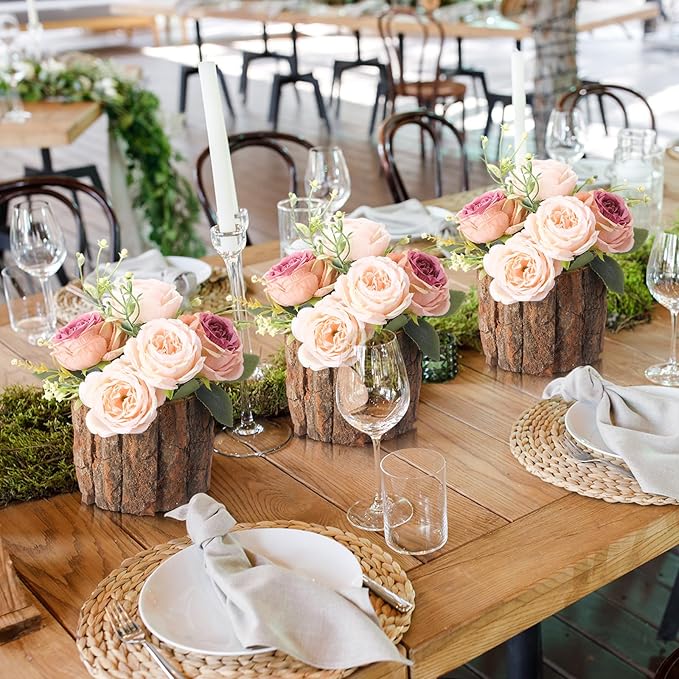 3 Pcs Wooden Vase for Centerpieces Christmas Table Decor Wooden Flower Vase Rustic Bark Stump Buckets Vintage Wood Planter Pots for Xmas Woodland Party Wedding Window Home Farmhouse (Large)