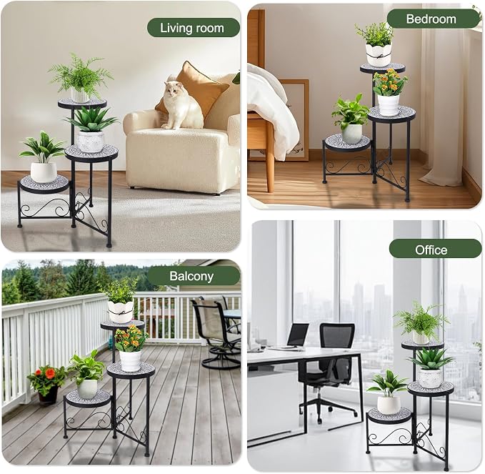 3 Tier Mosaic Plant Stand Foldable Corner Shelf for Indoor Outdoor Tall Plant Holder Display Rack for Patio Balcony Living Room Garden Decor