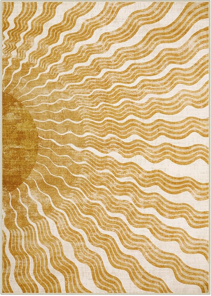 Hedlive Boho Machine Washable Rug 6x9, Sun Print Soft 6x9 Nursery Rug for Bedroom Classroom, Ultra-Thin Non Slip Kids Large Carpet for Living Room Playroom Office(6'x9',Gold/Multi)
