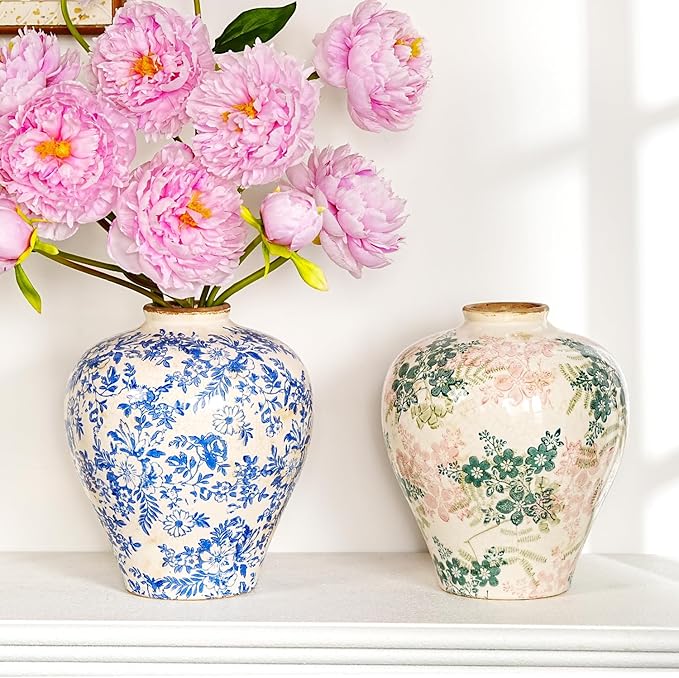 Sungmor Vintage Ceramic Flower Vase - 9.4 Inch Retro Ice Cracked Glaze Chinoiserie Vase, Rustic Farmhouse Home Décor Accent for Dried Flowers, Greenery - Table Centerpieces, Shelf, Mantel Decor