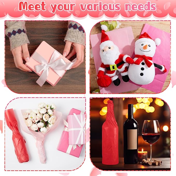 Qilery 500 Sheets Pink White Tissue Paper Bulk for Gift Bags 15 x 20 Inch Acid Free Christmas Packaging Wrapping Paper Sheets for Valentine's Day Wedding Decoration DIY Flowers, Pom Poms Crafts