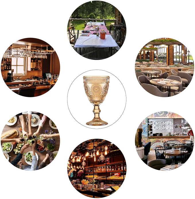12 Pcs Vintage Wine Glasses, 10 Oz Colored Glass Water Goblets, Unique Flower Embossed Pattern High Clear Stemmed Glassware Wedding Party Bar Glass Drinking Cups Flower Amber Fancy Glasses Set of 12