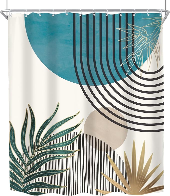 KOMLLEX Mid Century Boho Shower Curtain for Bathroom Decor Abstract Blue Modern Minimalist Grey Aesthetic Sun Arch Curve Leaves Geometric Neutral Fabric Waterproof Polyester 12 Pack Hook 60Wx72L