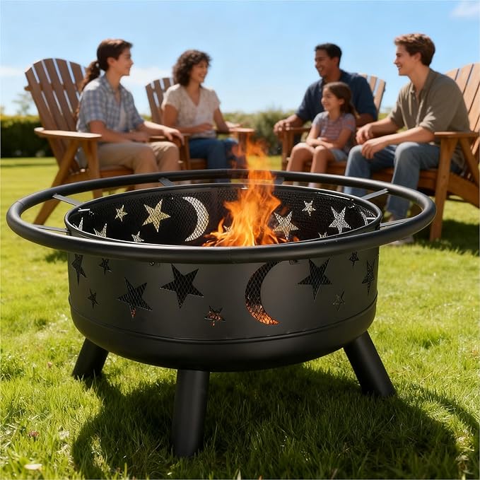 Grovelli 38" Round Wood Burning Fire Pit with Mesh Cover, Fire Poker, Star & Moon Cutouts, Metal Outdoor Firepit for Patio, Backyard, Garden, Bonfire, Camping, Christmas, Thanksgiving, Halloween