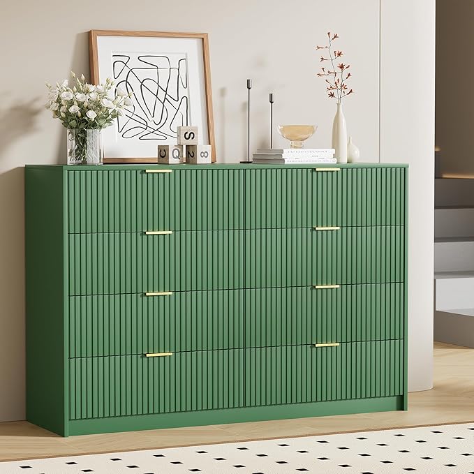 Green Dresser for Bedroom, Modern Dresser with 8 Drawers and Smooth Slides, Wide Chest of Drawers with Golden Handles for Bedroom, Closet, 15.7" D x 55" W x 37.4" H
