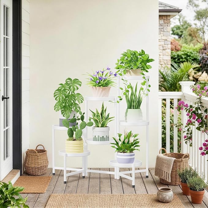 iDavosic.ly 7 Tier Large Plant Stand Indoor, 10 Inch Wide Tall Corner Metal Plant Stands Outdoor for Multiple Plants, Folding Tiered Flower Display Holder Rack Shelf, White