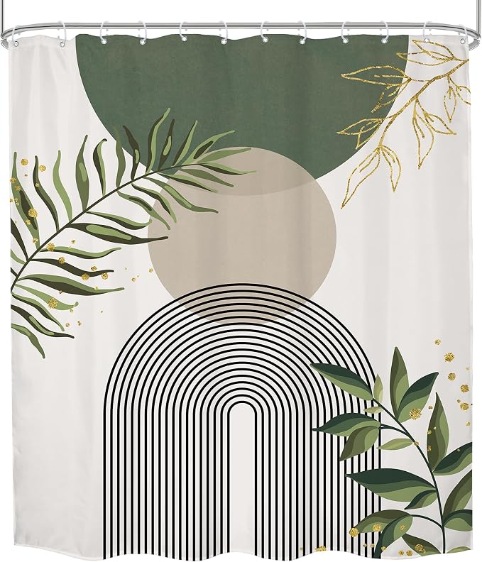 Green Boho Shower Curtain Extra Long Modern Abstract Bohemian Green Gold Minimalist Leaves Mid Century Arch Bathroom Decor Geometric Plant 72Wx84H Bath Curtain Fabric Polyester 12 Pack Hooks
