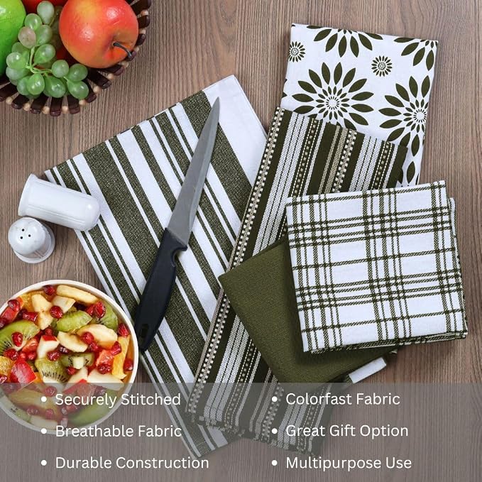 WeWove Assorted Kitchen Towels Set of 5-100% Cotton Dish Cloths Towels with Hanging Loop - Soft Absorbent Washable Reusable for Kitchen Use - Quick Drying 16x26 inch Dish Towels Green
