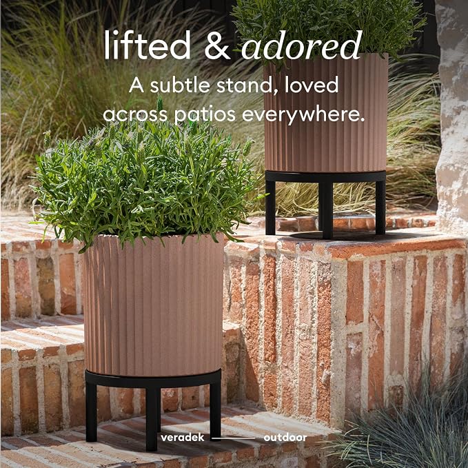 Veradek Demi Series Round Planter w/Stand for Porch/Patio | Durable Plastic-Stone Composite & Wooden Stand | Modern Décor for Tall Plants, Flowers