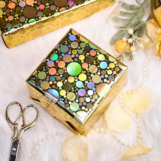 Yarcony Holographic Wrapping Paper Roll, 46.8 sq ft Metallic Gold Dot Wrapping Paper for Girl Presents, Valentine's Day,Christmas,Birthday,Baby Shower, Holiday,Wedding,Engagement (17 Inch X 33 Feet)
