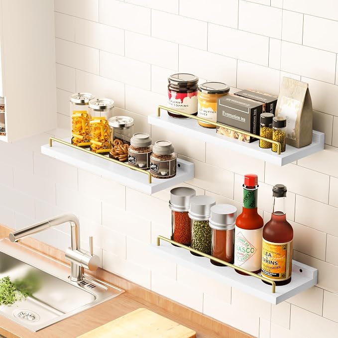 RYOFOBETTO Floating Shelves for Wall Decor, White and Gold Shelves for Bathroom, Living Room, Bedroom, Picture Frames, Plants, Kitchen (Set of 3)