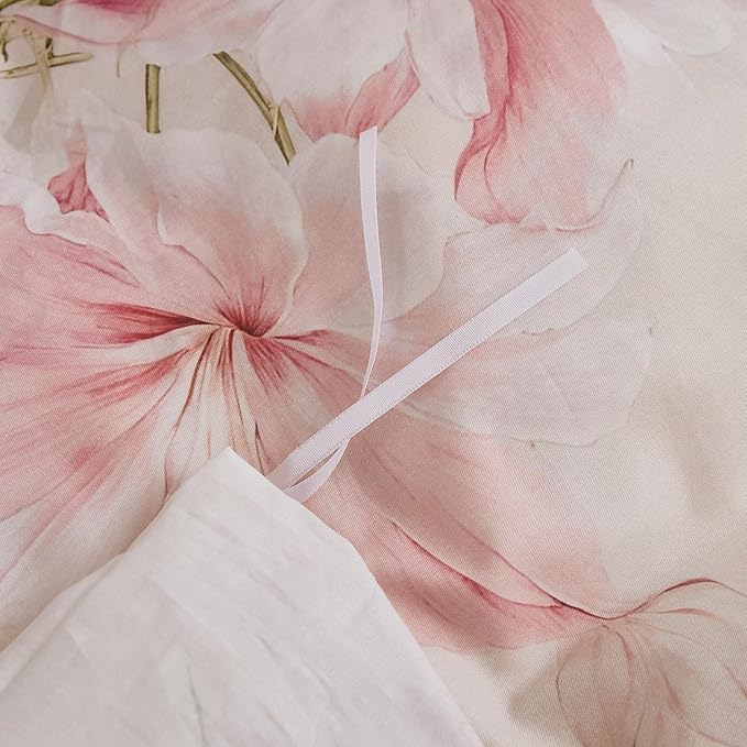 100% Cotton Duvet Cover Queen Size – Elegant Blush Lily Pink Floral Duvet Cover Set with Zipper Closure, 3-Piece Soft Breathable Natural Cotton Bedding Set for All Seasons