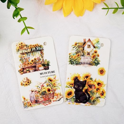 AuriicLeaf Blooming Sunflower PET Tape Set, 6 Rolls of Pre-Cut Floral Stickers for Journaling, Scrapbook Supplies, DIY Crafts, and Decorative Art
