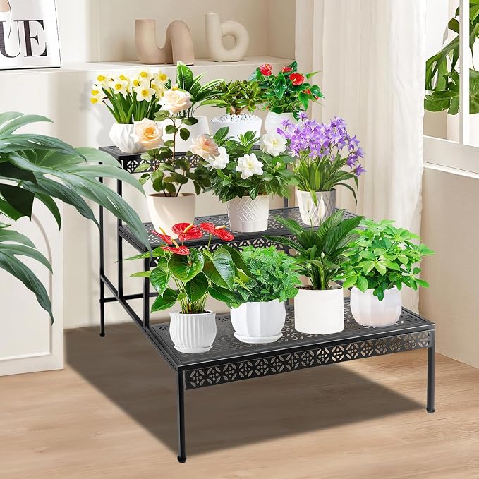 3 Tier Metal Plant Stand, Ladder Flower Pot Holder Plant Stands, Tiered Plant Stand Outdoor Storage Organizer Rack for Home Garden Patio Balcony