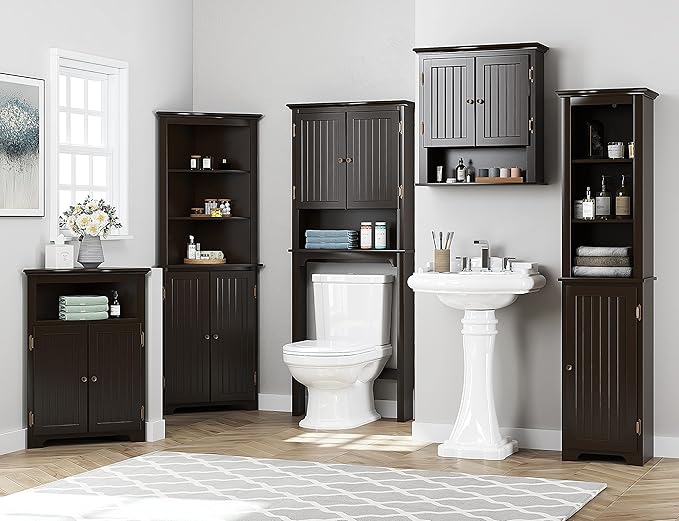 UTEX Above The Toilet Storage Cabinet, Over Toilet Bathroom Organizer with Adjustable Shelves and Double Doors, Espresso