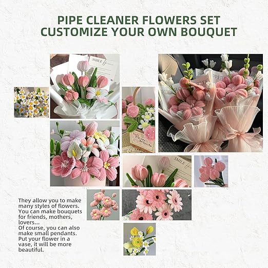 400 Pcs Pipe Cleaners Craft Kit, Pipe Cleaners Bulk Multicolors, Chenille Stems for DIY Flower Bouquet Making Kit with Tape, Floral Wires,Stamen & Ribbon, Pearls, Wrapping Paper(Pink)