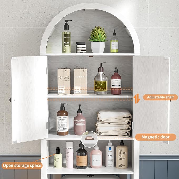 White Over The Toilet Storage Cabinet with Fluted Doors, 4 Tier Small Bathroom Shelf Organizer, Arched Bathroom Cabinet with Adjustable Shelf, Narrow Slim Toilet Rack, Anti-Tipping Device, Wood