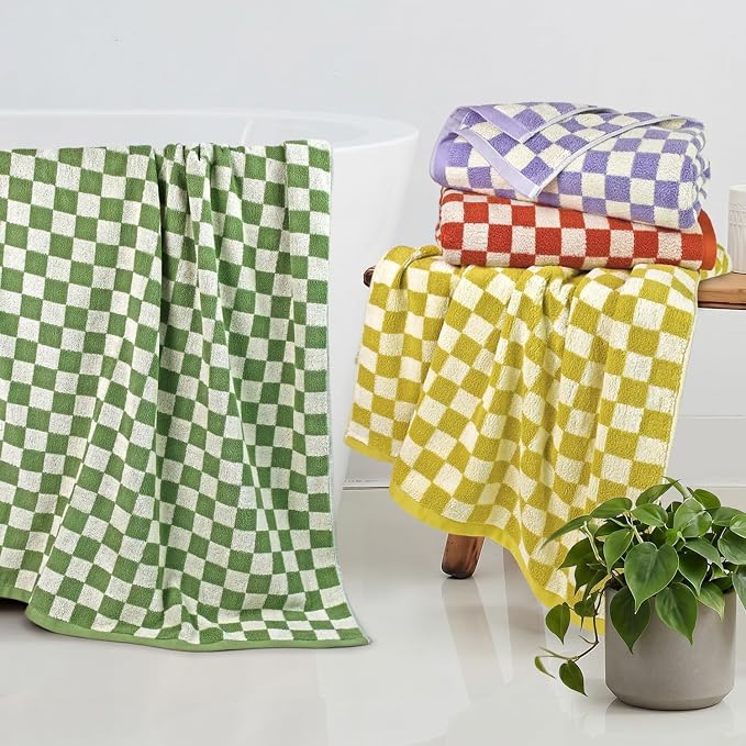 Jacquotha Checkered Bath Towels Set of 4-100% Cotton Towels for Bathroom, Shower, Pool & Beach (Purple, Yellow, Green, Orange), 520GSM