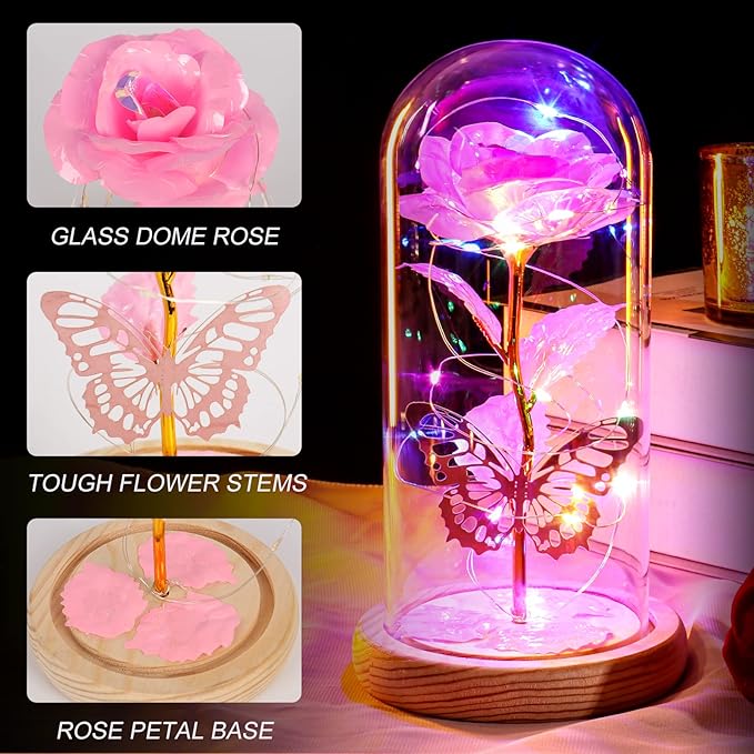 Beferr Christmas Birthday Gifts for Women, Mom Gifts for Christmas Galaxy Glass Rose Forever Preserved Flowers for Delivery Prime Rose in Glass Dome Xmas Gifts for Grandma Wife Sister Her, NPink