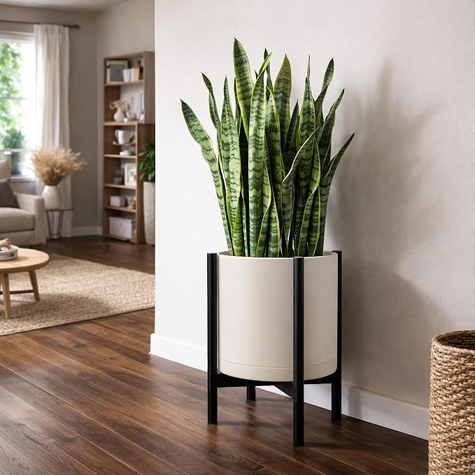 D'vine Dev Planter Pot with Stand - 16 Inch Plastic Cylinder Flower Pot with Wood Planter Holder for Indoor, Oatmeal Pot + Ebony Stand, 55-C-Z-4