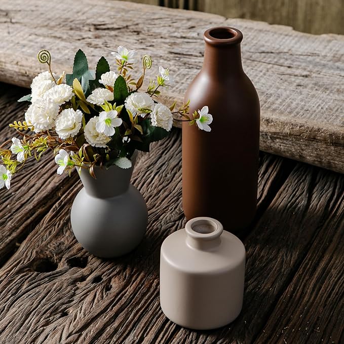 Ceramic Flower Vase Set of 3, Fake Flowers in Vase for Centerpieces with 8 Artificial Autumn Chrysanthemums Artificial Decorative Swags