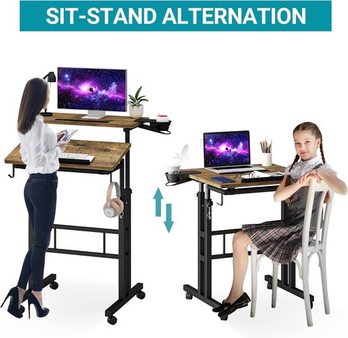 Klvied Rolling Mobile Desk - Portable Adjustable Height Stand-Up Desk on Wheels for Home Office | Oak Finish