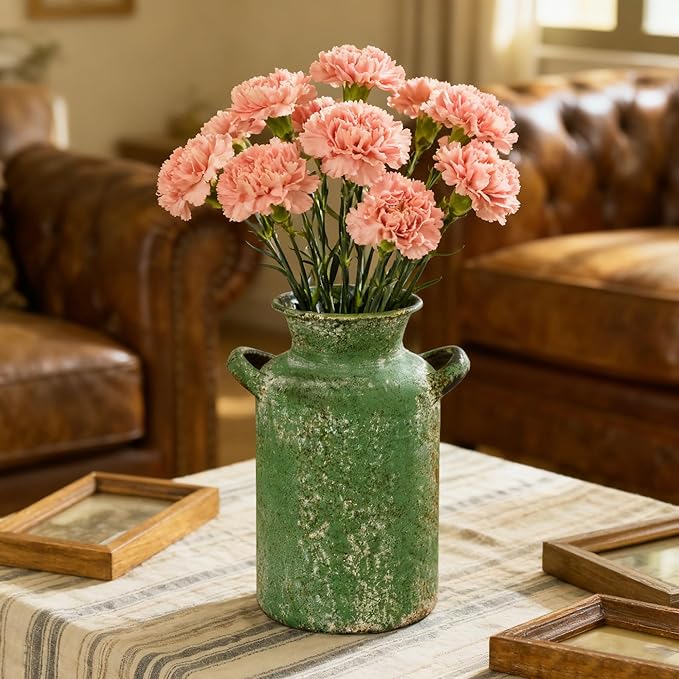 Rustic Vintage Metal Flower Vase for Decor Milk Jug Small Vases for Flowers Kitchen Decorations, Cylindrical,Perfect for Kitchen, Dining Room, Living Room,Housewarming Gift(Green)