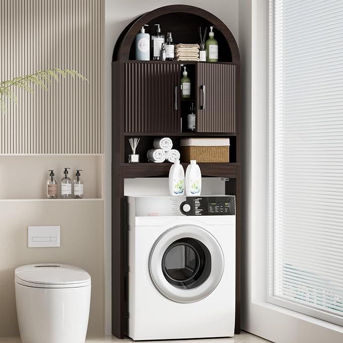 Spurgehom Over The Toilet Storage Cabinet, Bathroom Shelf Organizer Freestanding, Bathroom Arch Cabinet Over Toilet with Toilet Paper Holder and Anti-Tipping Device (Narrow Style-Coffee)