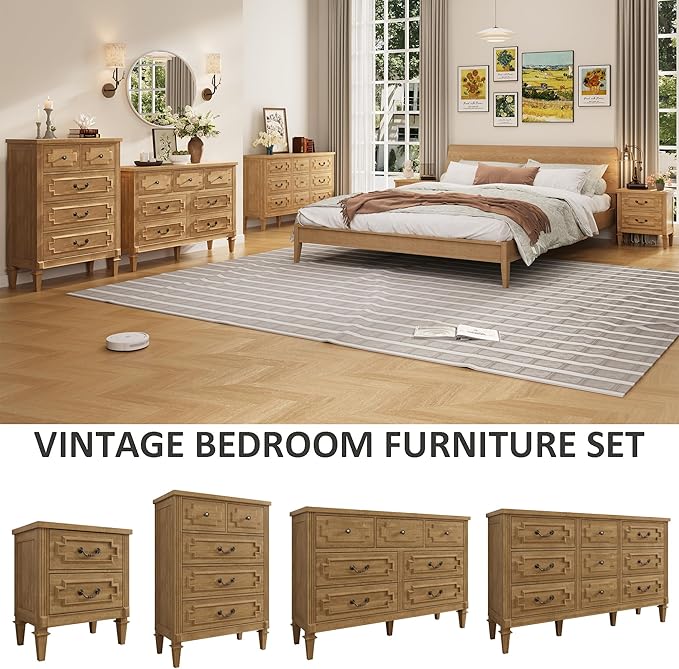 BLANKSPACE Farmhouse Nightstand wtih Vintage Surface, 26" Tall End Table, Side Table with 2 Drawers Storage Cabinet for Bedroom, Living Room, Natural Oak