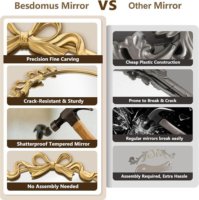Besdomus Bow Vanity 3 Way Mirror: 36"x24" Gold Large Antique Wall Vanity Mirror - French Baroque Traditional Ornate for Bathroom/Bedroom/Living Room - Home Decor for Housewife