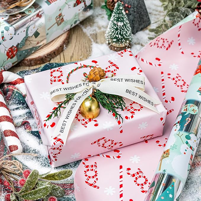 MAYPLUSS Snowman Christmas Wrapping Paper, Metallic Foil Reversible Winter Wonderland Festive Gift Wrap with Snowmen and Candy Cane Design for Present, Holiday Gift Packaging (17 Inch X 33 Feet)