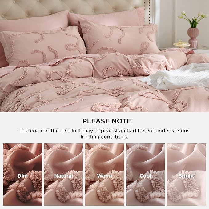 Bedsure Boho Duvet Cover King Size - Rose Pink Tufted Boho Bedding, Farmhouse Shabby Chic Embroidery Bedding for All Seasons, 3 Pieces, 1 Soft Jacquard King Comforter Cover and 2 Pillow Shams