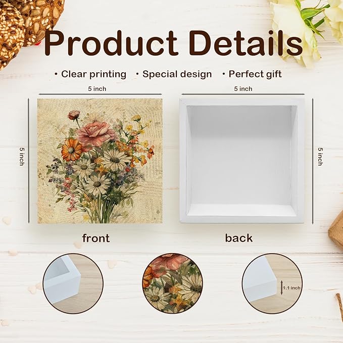 KFXHANGD Vintage Floral Wooden Box Sign Desk Decor, Floral Desk Decor, Wildflower Decorative Decor for Women Office Living Room Bedroom, Botanical Flowers Home Shelf Desk Decor 5x5 Inch