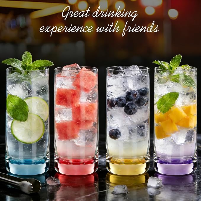 Colored Highball Glasses Set of 6,13oz Drinking Glass Cups for Mixed Drink Cocktail, Beer, Mojito, Water and Juice,Thick Tall Crystal Glassware for Kitchen, Restaurant, Home Bar and Parties