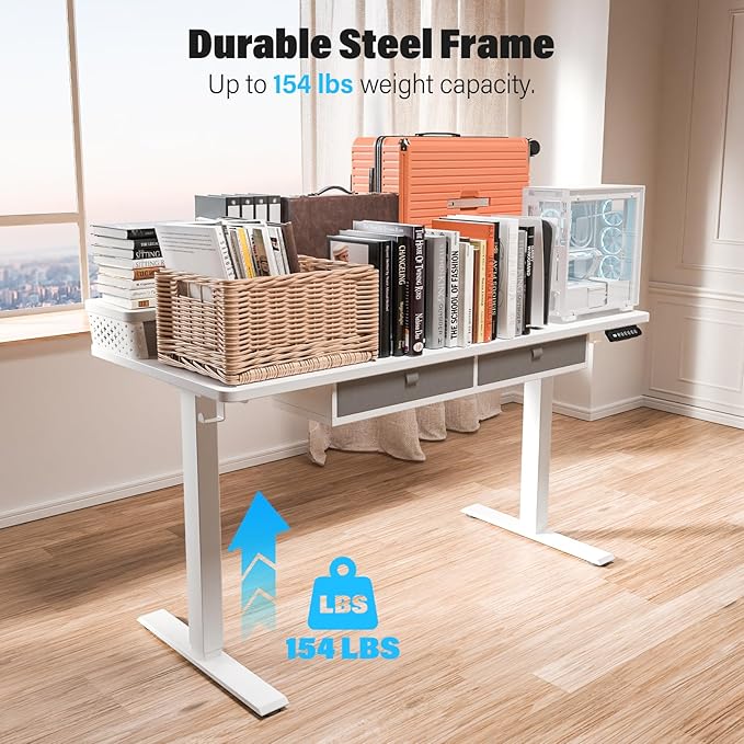 Electric Standing Desk with 4 Drawers 55''x 24'' Adjustable Height Sit to Stand Up Desk with Storage Shelf, C-Clamp Mount Compatible Black Home Office Desks Computer Gaming Table Ergonomic Workstation