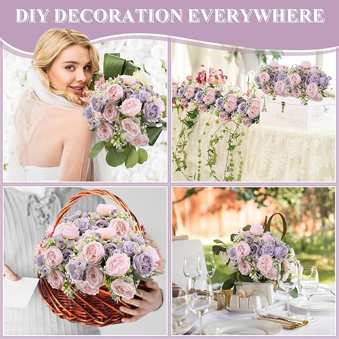 16 Bundles Artificial Peonies Silk Peonies Faux Flower Bouquet Fake Peony Flower Arrangements Table Centerpieces for Vase Wedding Party Boho Home Office Decoration Bulk (Pink, Purple)