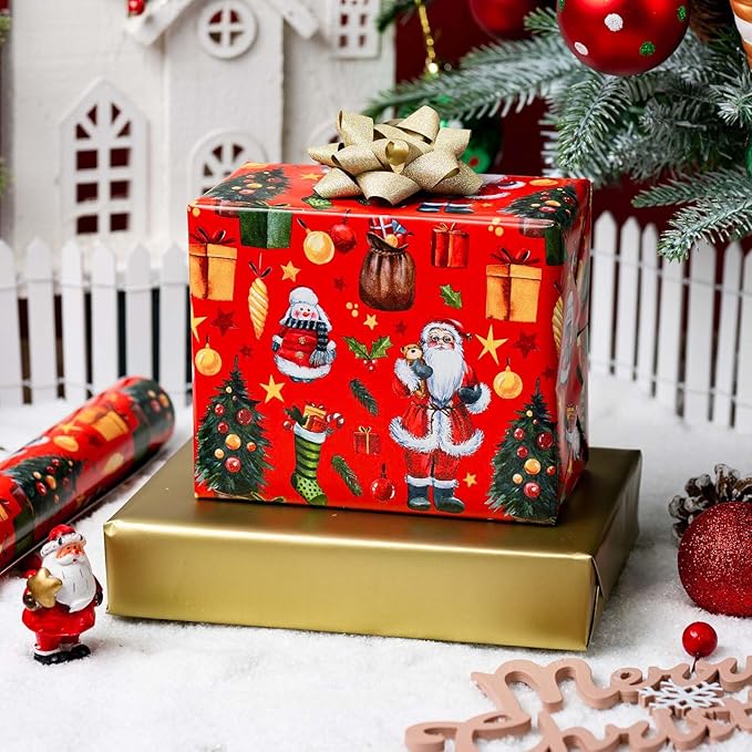 MAYPLUSS Christmas Wrapping Paper Roll - 17IN X 33FT - Red Gift Wrapping Paper Featuring Santa Claus Christmas Tree Snowman Reversible Gold for Kids, Holiday, New Year