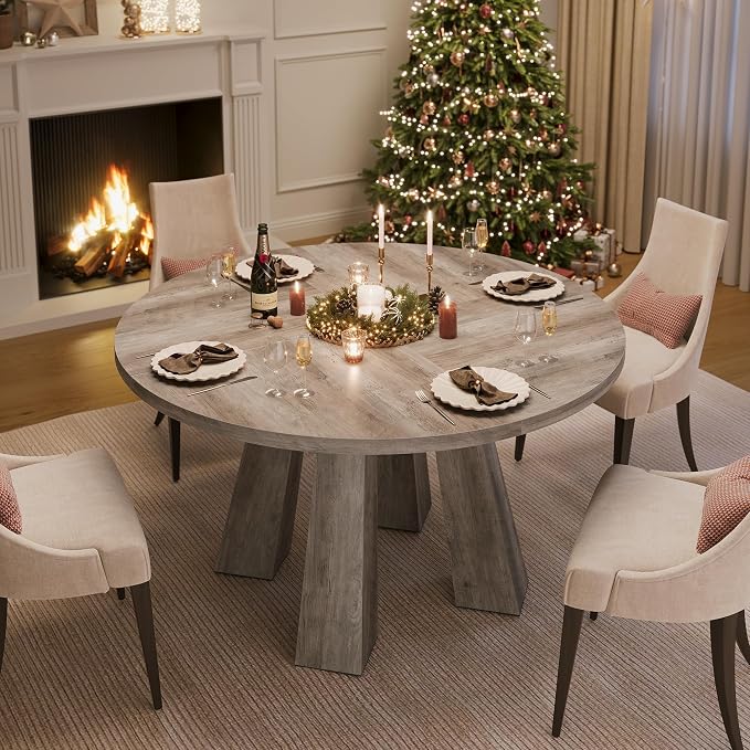 IDEALHOUSE 47" Round Dining Table for 4-6, Wood Kitchen Table with Sturdy Base, Farmhouse Circle Dinner Table for Dining Room, Living Room, 4 Strong Legs, Grey